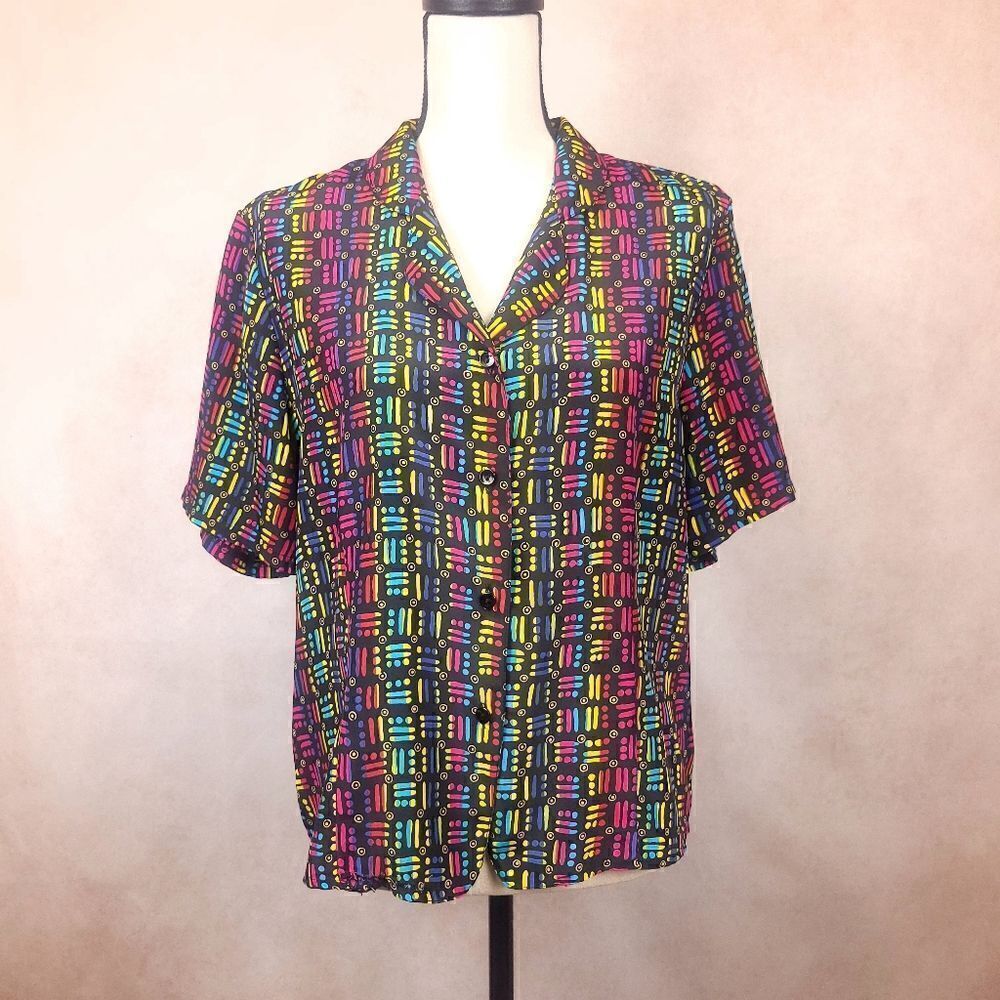 Vintage Liz Baker Short Sleeve Button Down Shirt Black Pink Green Size Med/Lg